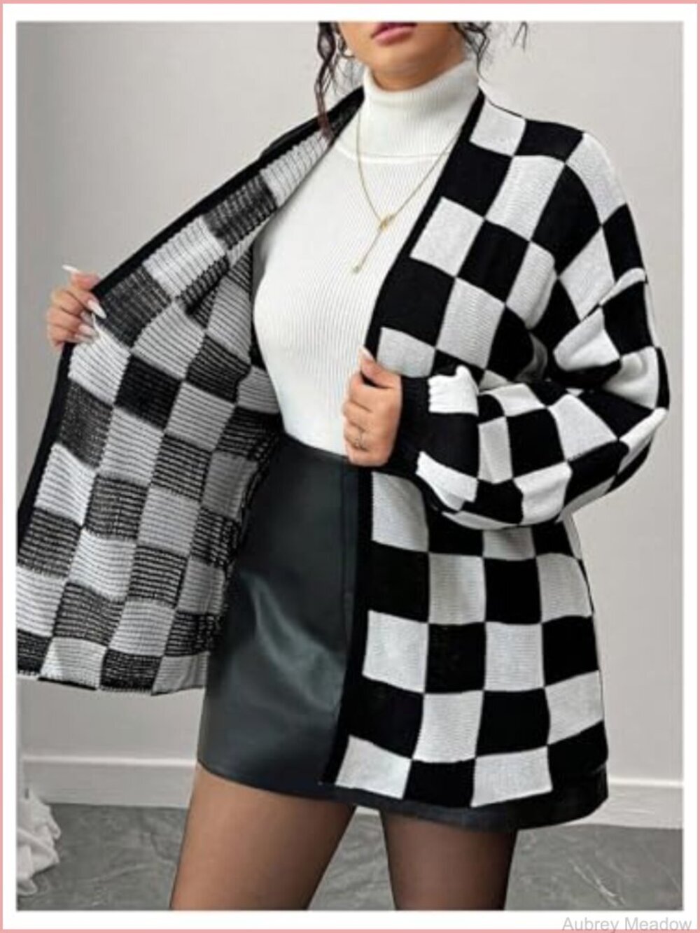 Plus Size Checkered Cardigan Open Front Knit Long Sleeve Sweater - Picture 4 of 6